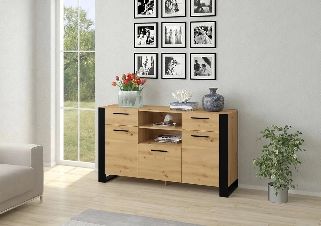 Komoda Nulakka C (dub artisan + matná čierna). Akcia -20%. Vlastná spoľahlivá doprava až k Vám domov. 1124825