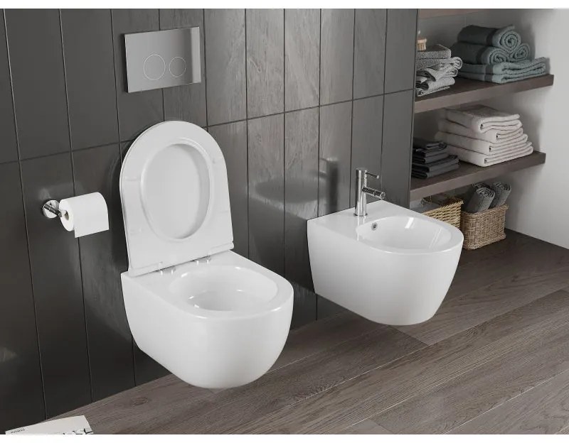 Mexen Carmen, závesná WC misa 490x365x340 mm, Rimless Tornádo + WC sedadlo z duroplastu, biela lesklá, 30880500T