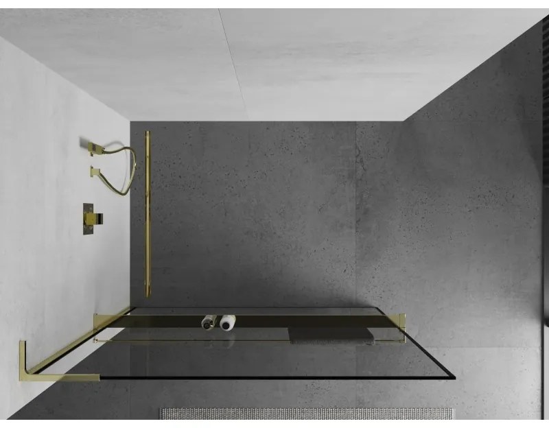 Mexen Kioto+ L, sprchová zástena Walk-In s poličkou a vešiakom 90 x 200 cm, 8mm číre sklo čierny vzor, zlatý lesklý profil,800-090-123-50-70