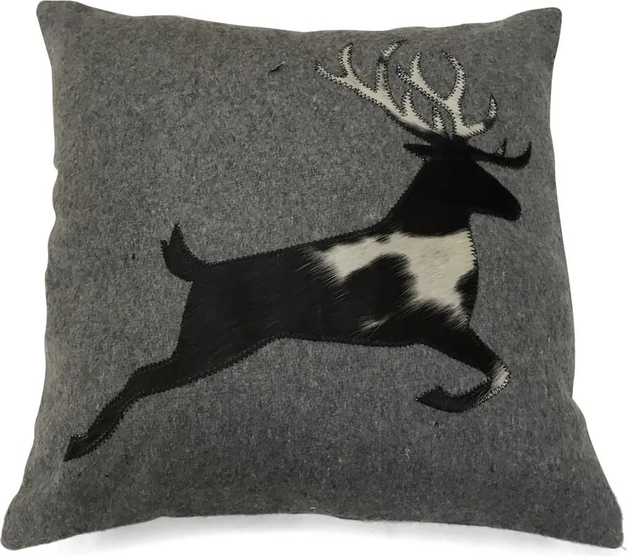 Šedý vlnený vankúš s jeleňom z hovädzej kože / bielo, čierna - 45 * 45 * 10cm