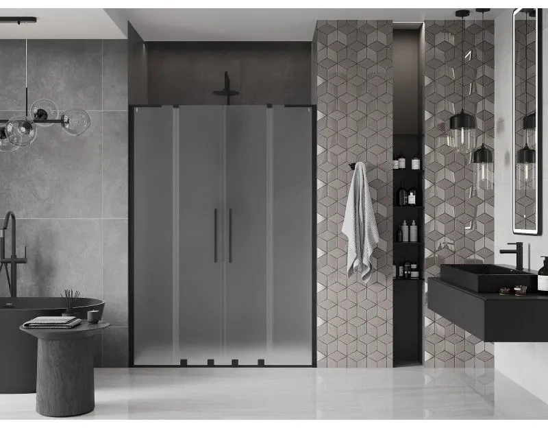Mexen Velar L Duo, posuvné sprchové dvere do otvoru 140 cm, 8mm sklo námraza, čierna matná, 871-140-003-32-70