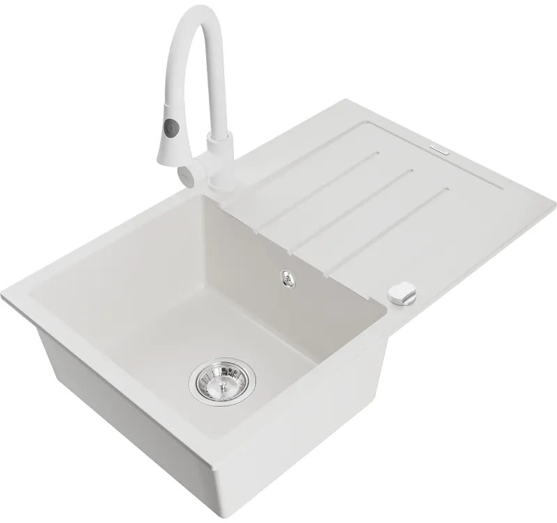 Mexen Bruno, 1-komorový granitový drez 795x495x200 mm a drezová batéria Elia, biela, 6513-20-670101-20