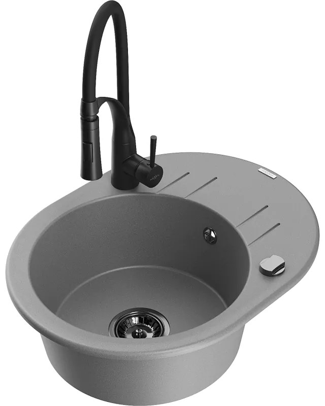 Mexen Kevin, 1-komorový granitový drez 586x458x190 mm a drezová batéria Aster, šedá, 6517-71-73450-70-B