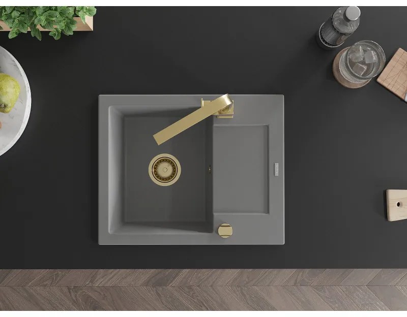 Mexen Enzo, granitový drez 576x465x174 mm, 1-komorový a zlatá batéria Rita, šedá, 6506-71-670300-50