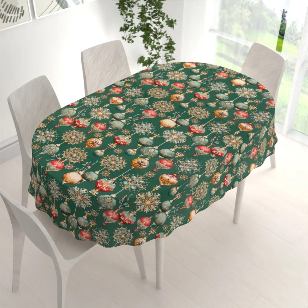 Biante Bavlnený oválny obrus Sandra SA-529 Vianočné banky na zelenom 120x160 cm