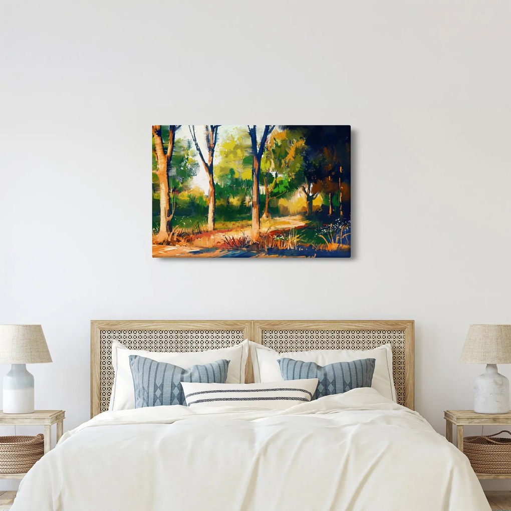 Obraz lesa v letnom slnku, maľba (90x60 cm)