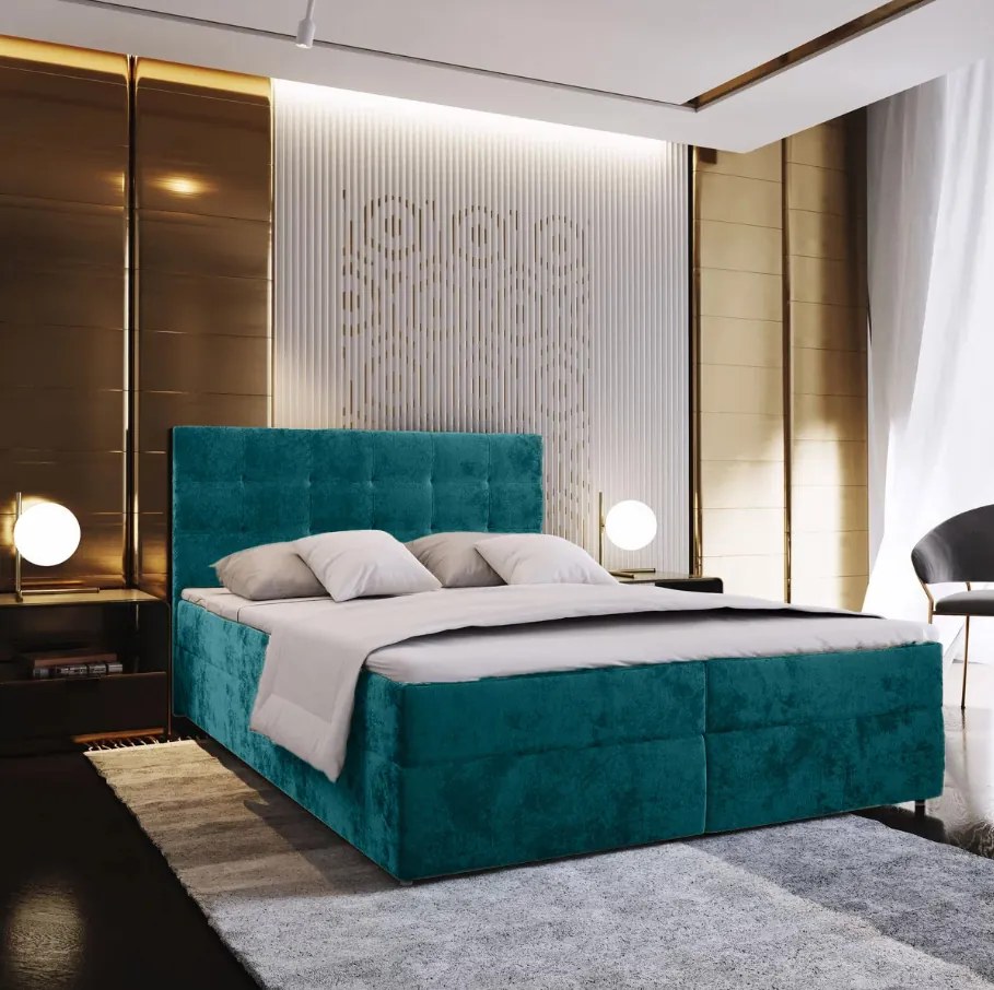 Čalúnená posteľ boxspring GLORIEN VELVET 140x200 cm tyrkysová Matrac: Matrac Bonell pružinový