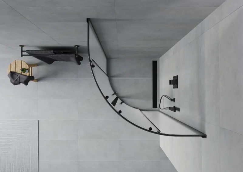 Mexen Rio, štvrťkruhový sprchovací kút s posuvnými dverami 70(dvere) x 70(dvere) x 190 cm, 6mm sklo námraza, čierny profil, 863-070-070-70-30
