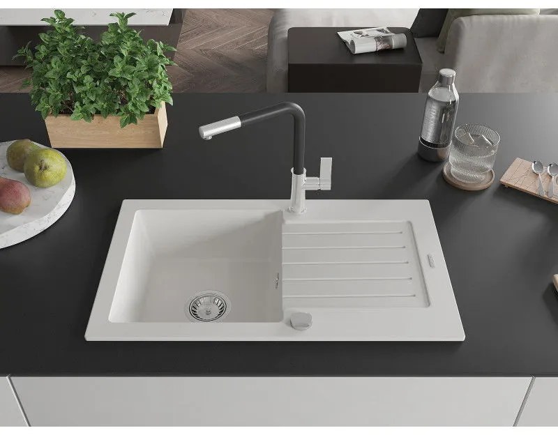 Mexen Pablo, 1-komorový granitový drez 752x436x161 mm a drezová batéria Flora, biela, 6510-20-670401-07