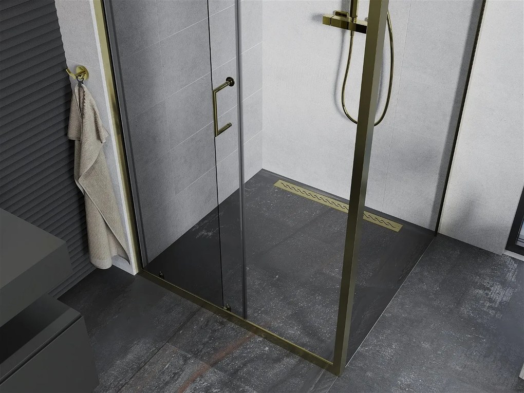 Mexen Apia sprchovací kút s posuvnými dverami 140 (dvere) x 90 (stena) cm, 5mm číre sklo, zlatý profil, 840-140-090-50-00