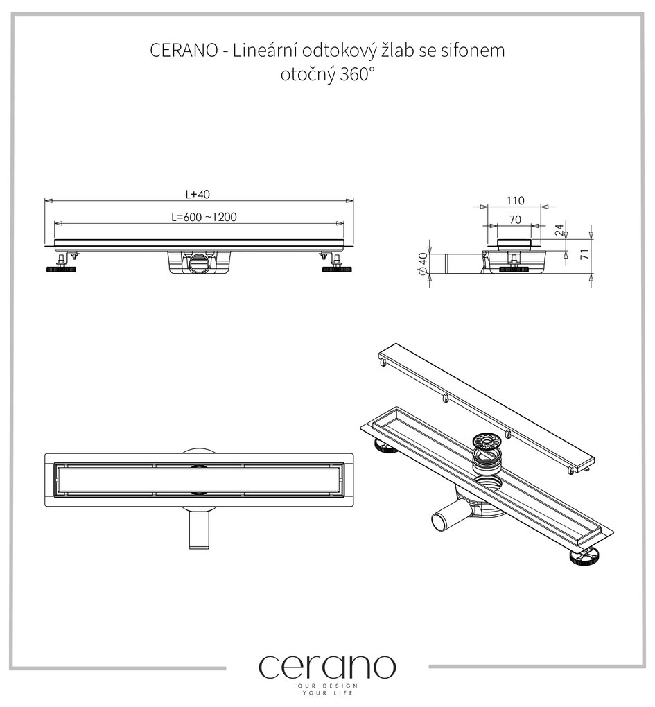 Cerano, Lineárny odtokový žľab 2v1 60 cm s otočným sifónom o 360°, chrómová, CER-CER-414923