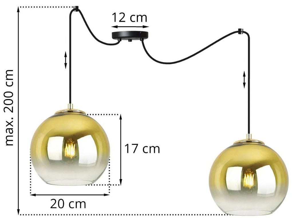 Závesné svietidlo Bergen Gold Spider, 2x zlaté/transparentné sklenené tienidlo (fi 20cm)