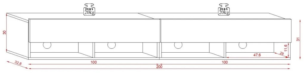 Závesný TV stolík Derby 200 cm biely mat/biely lesk
