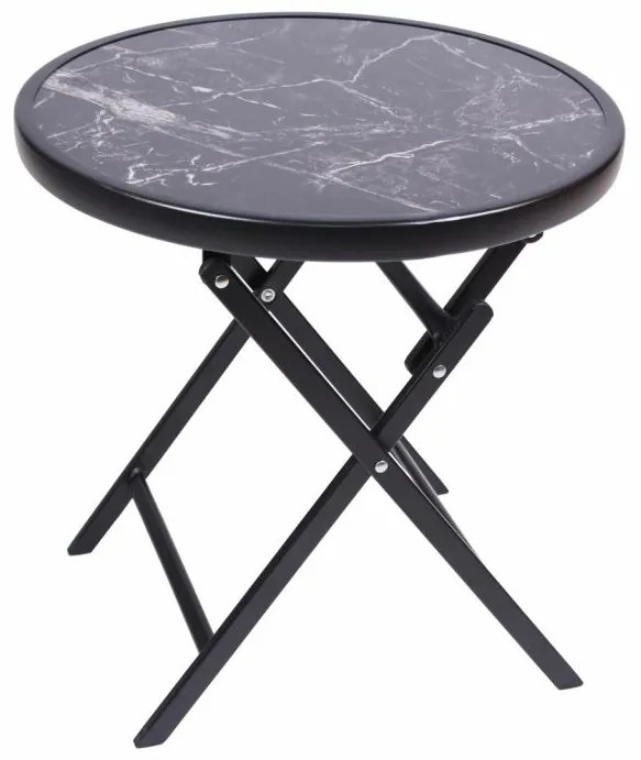 Záhradný bistro stolík, skladací, Ø 45 cm, čierny mramor