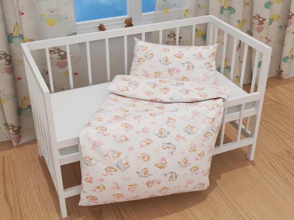 Biante Detské bavlnené posteľné obliečky do postieľky Sandra SA-527 Ružové morské panny s delfínmi a veľrybami na bielom Do postieľky 90x140 a 50x70 cm