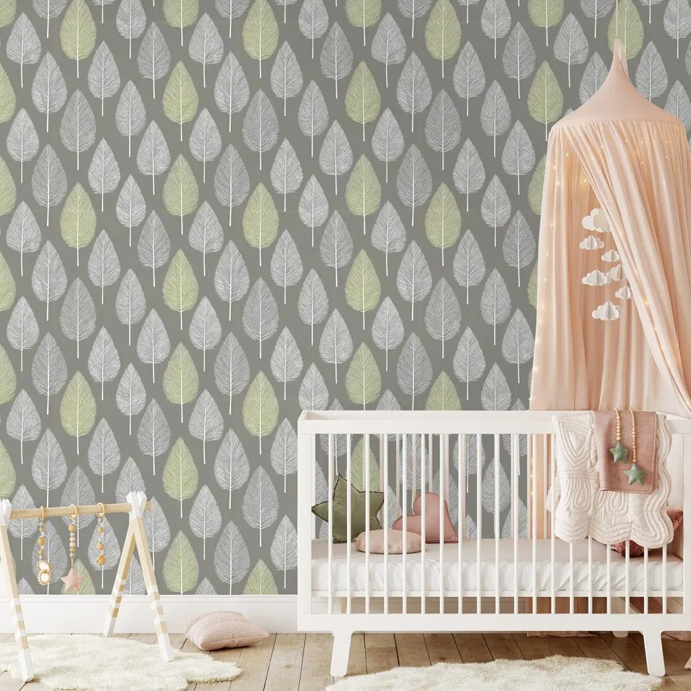 Tapeta sivé a zelené listy na sivom pozadí