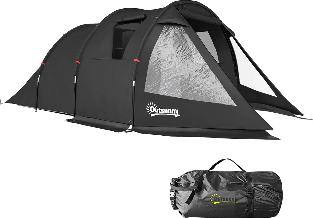Outsunny Rodinný Stan pre 4 Osoby, ľahký, stabilný a vodotesný stan s Dverami a Oknom, Prepravný Vak, Tunelový Stan s 2000 mm Vodným Stĺpcom pre Kempo