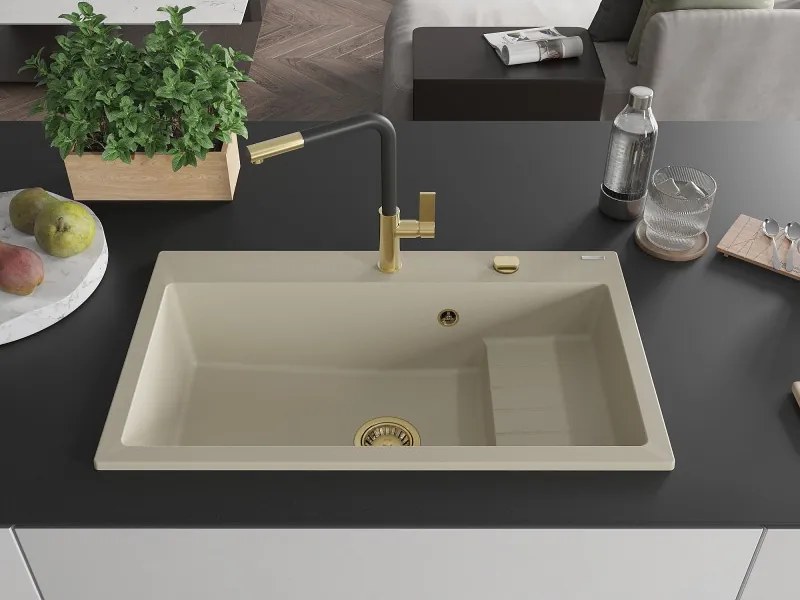 Mexen Omar granitový kuchynský drez 1-komorový 800 x 480 mm, béžový, sifón zlatý - 6520801005-69-G