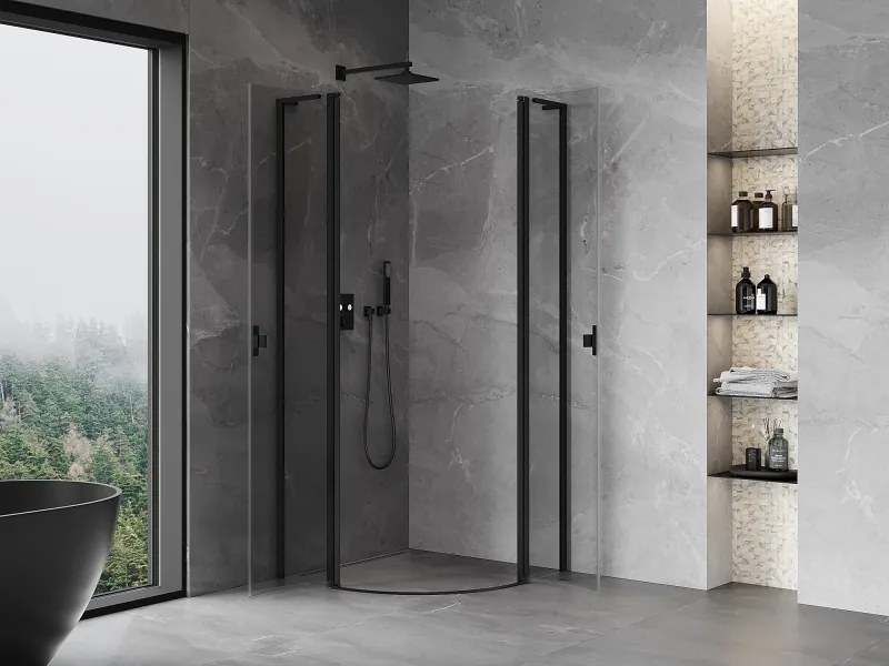 Mexen Mist L, štvrťkruhový sprchový kút s 2-krídlovými dverami, 90 x 90 cm, 8mm číre sklo, čierny profil, 8A32L-090-090-70-00
