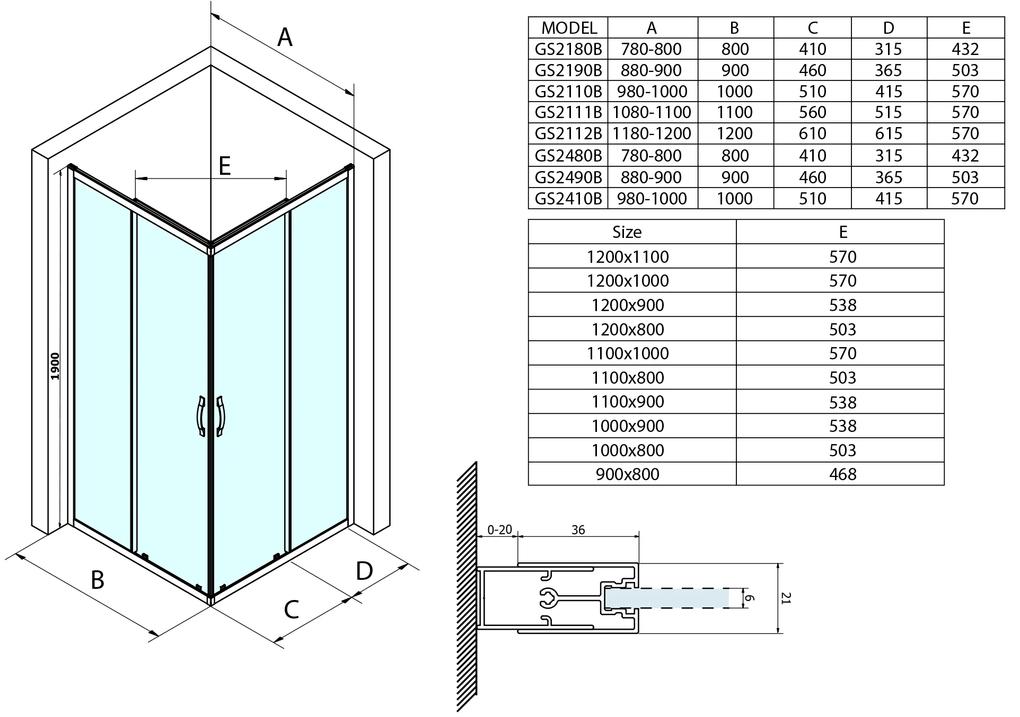 Gelco, SIGMA SIMPLY BLACK štvorcová sprchová zástena 900x900 mm, rohový vstup, Brick sklo, GS2490B-02