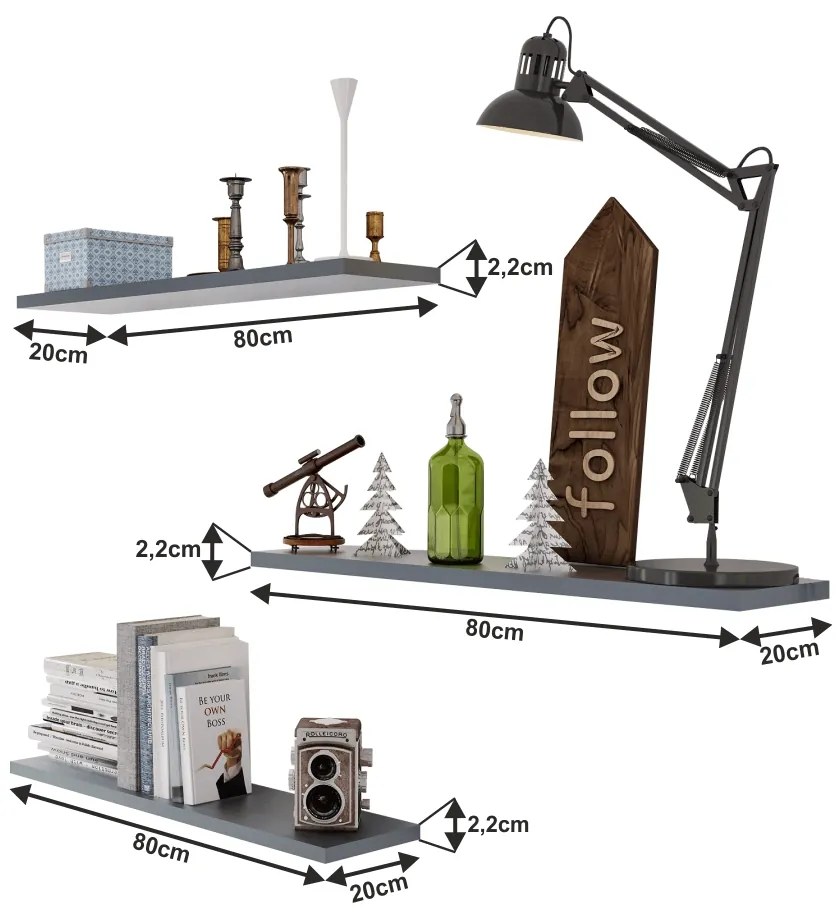 Polica (3 ks) Fedor - sivá grafit