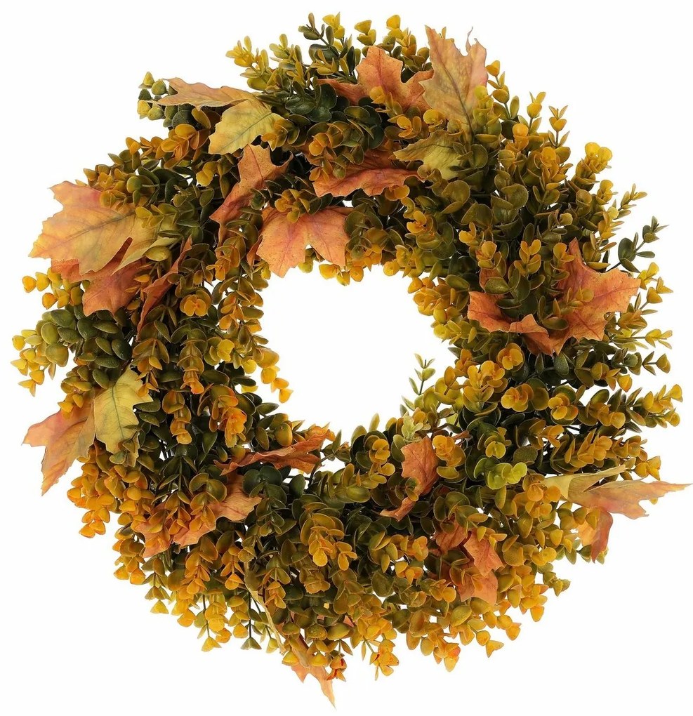 Veniec umelý z eukalyptu, pr. 50 cm, oranžovo-zelená