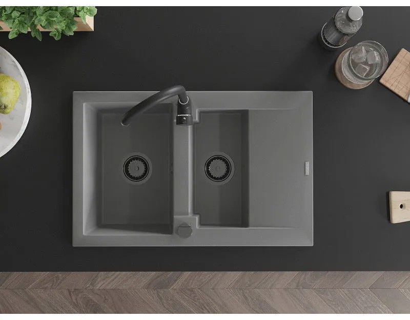 Mexen Gaspar, granitový drez 737x475x177 mm, 1,5-komorový a čierna batéria Telma, šedá, 6507-71-670200-70-B