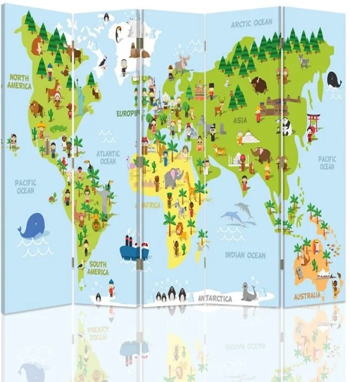 CARO Paraván - A World Map For Children | päťdielny | jednostranný 180x150 cm