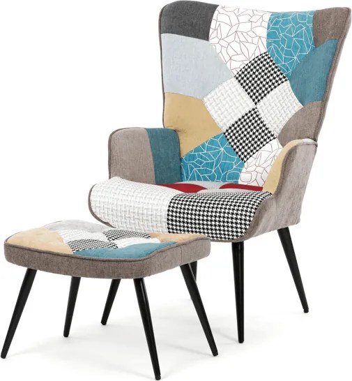 Kreslo ušiak s podnožou ELDORIA PATCHWORK