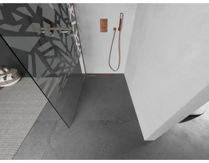 Mexen Kioto, sprchová zástena Walk-In 70 x 200 cm, 8mm číre sklo biely vzor, medený matný profil, 800-070-101-65-85