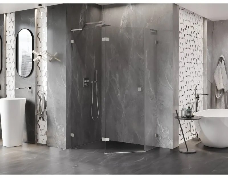 Mexen Lunar, L päťuholníkový sprchový kút naklápací doľava 100 x 80 cm, 8mm číre sklo, oceľový profil, 831L-100L-080P-97-00-L