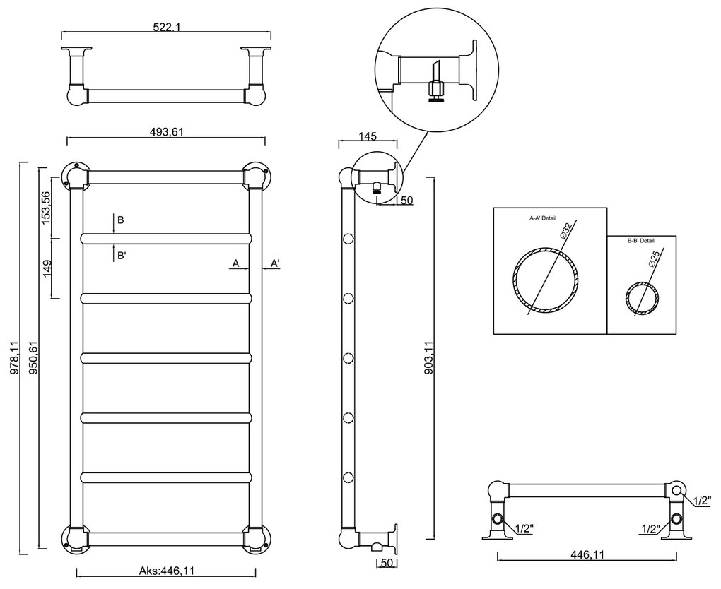 Sapho, UNO vykurovacie teleso 493x951mm, 175 W, nerez, NR816