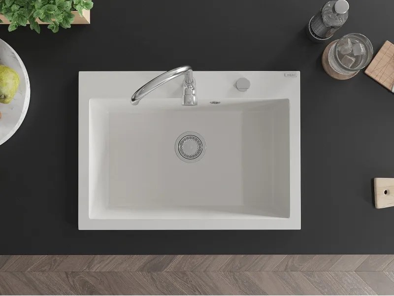 Mexen Elix granitový kuchynský drez 1-komorový 700 x 500 mm, biely, sifón chróm - 6526701005-20