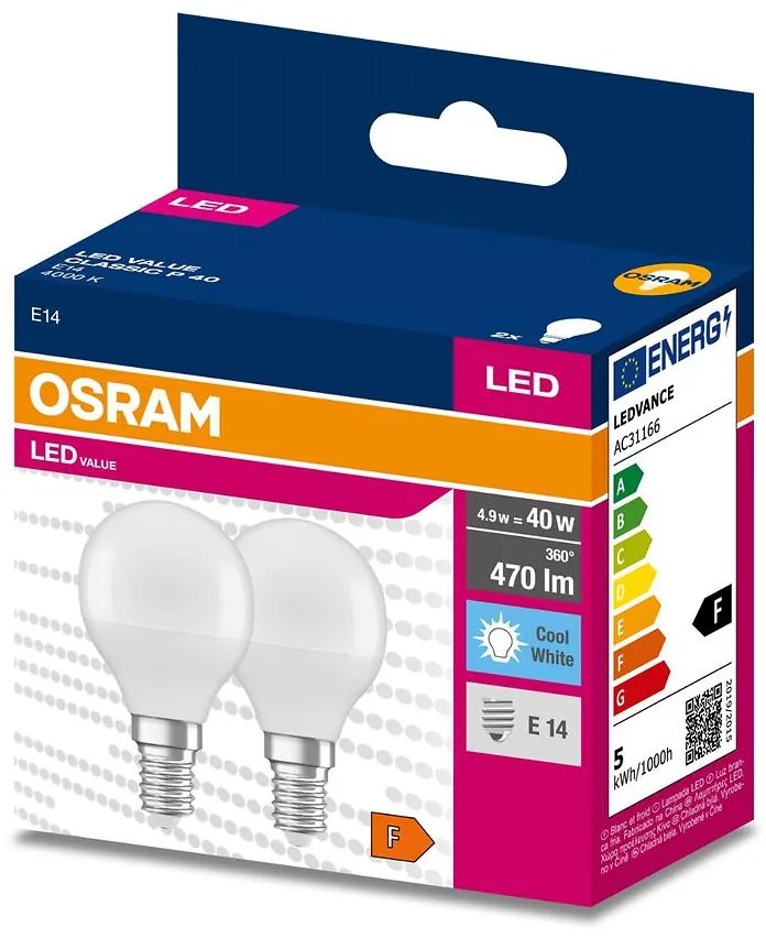 Žiarovka LED Osram E14 P45 4,9W 4000K 2ks