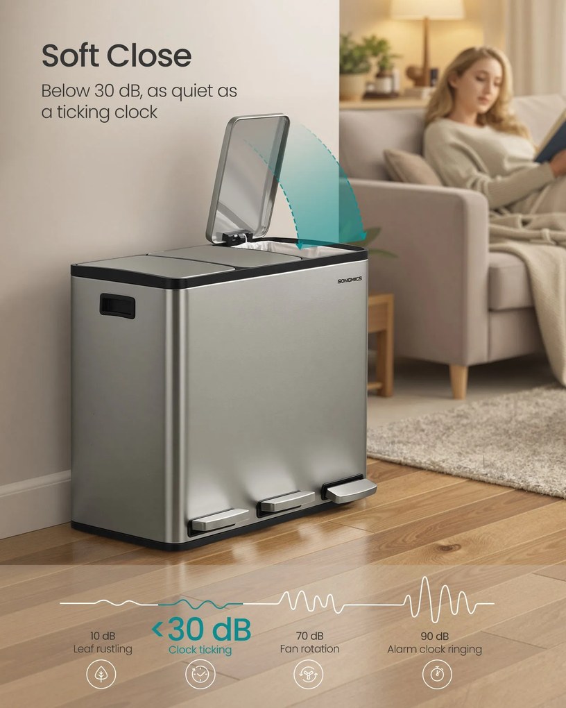 SONGMICS 3 x 18L výberový kuchynský odpadkový kôš, mäkké zatváranie, strieborný