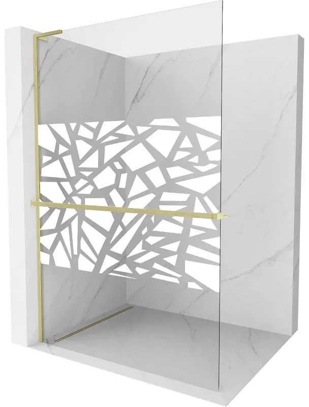 Mexen Kioto+ L, sprchová zástena Walk-In s poličkou a vešiakom 100 x 200 cm, 8mm číre sklo biely vzor, zlatý matný profil, 800-100-123-55-85