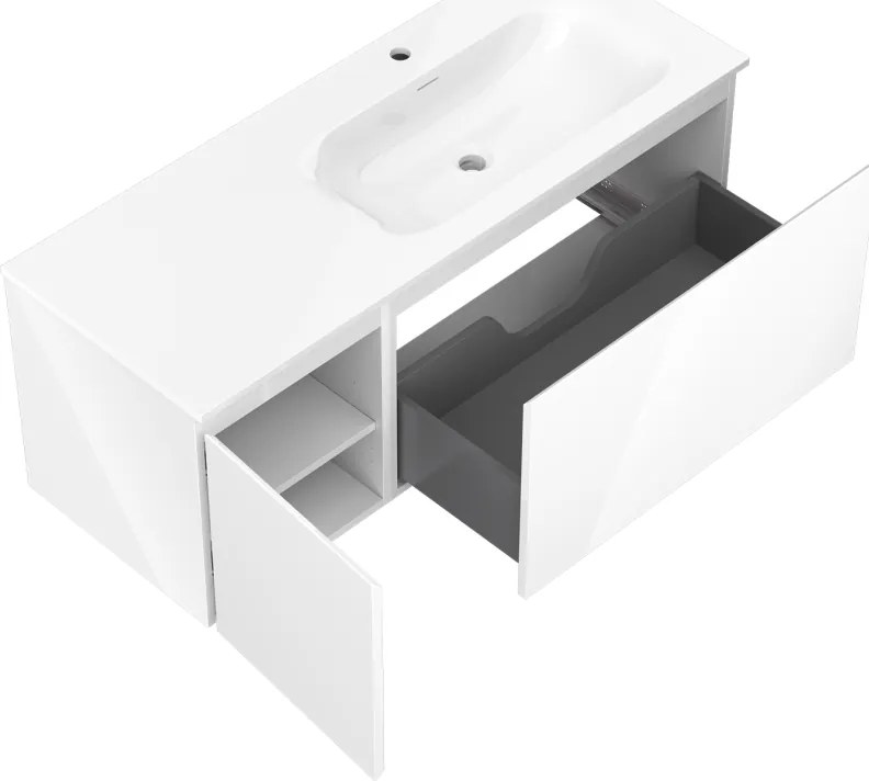Mexen Orio, kúpeľňová skrinka 120 cm s pravým umývadlom Vela, 1S, 1D, biela lesklá, 91A13-12047-3-BBFF00-W23P00