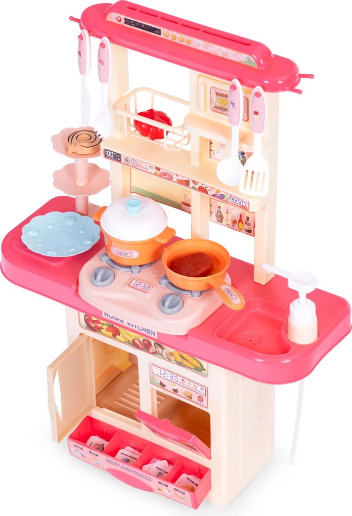 Detská kuchynka s LED a zvukmi, drezom a vodou, 10 dielov, ružová, 3+