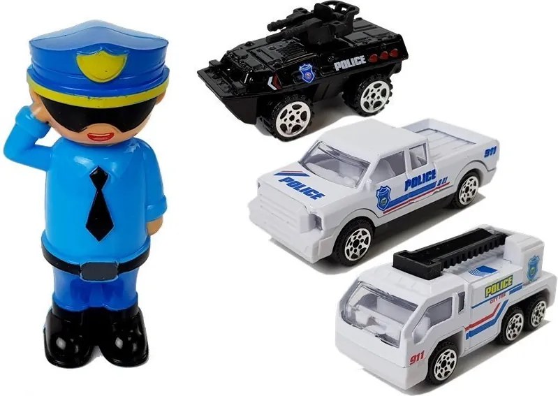 LEAN Toys Policajné auto, úschovný priestor, garáž 2 v 1, policajt, malé autíčka, zvuky, svetlá