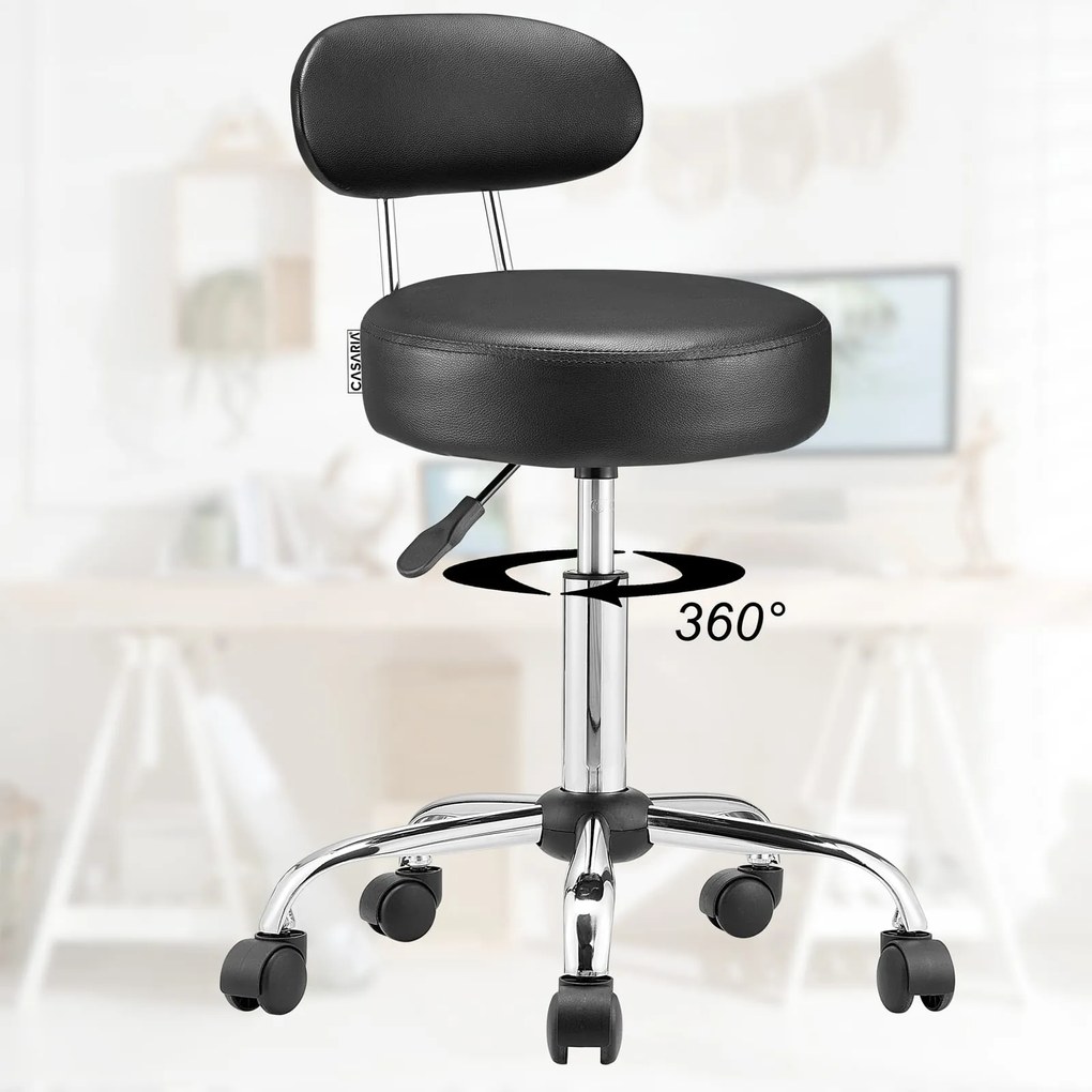 Taburetka na kolieskach s operadlom ROLAND, Ø35cm, čierna Casaria