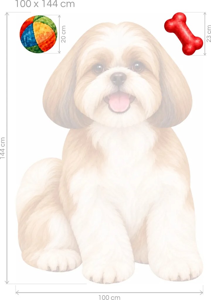 Shih-tzu s loptičkou a kosťou akvarelové textilné nálepky na stenu pre milovníkov shih-tzu arch 32 x 46 cm
