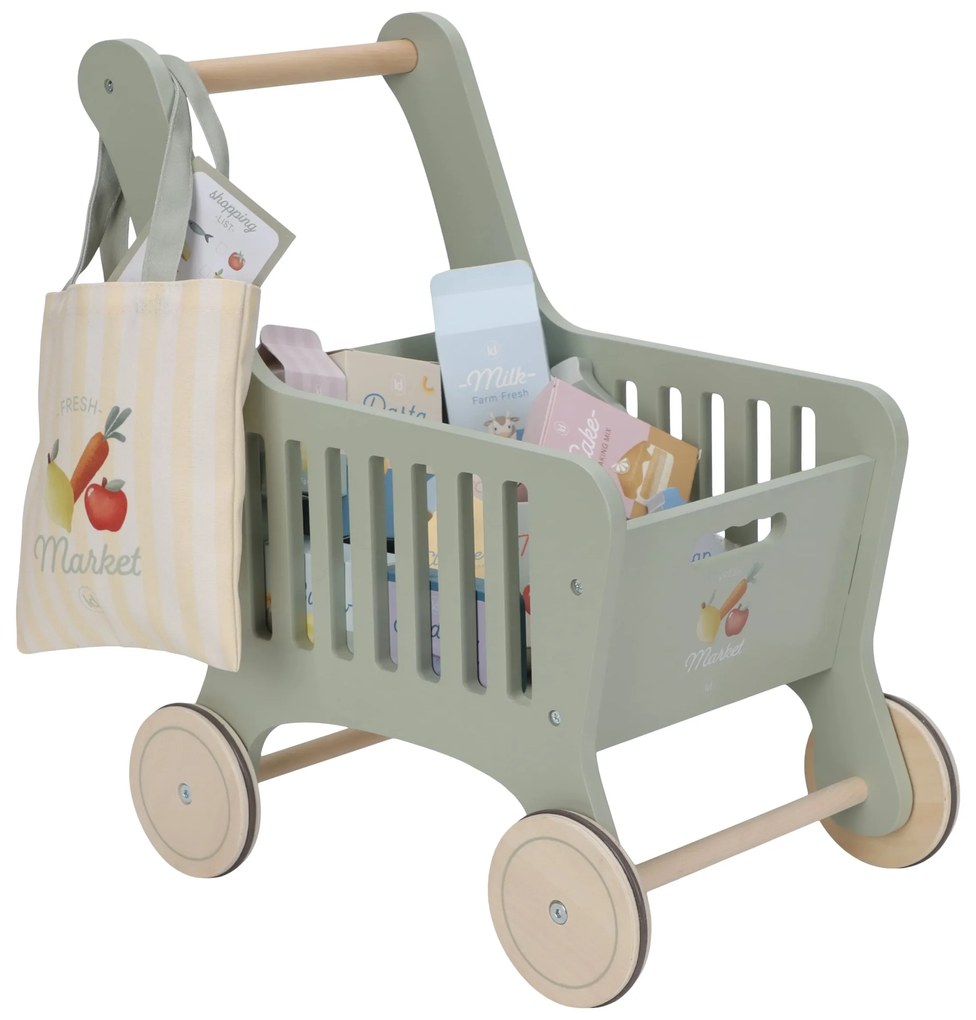 Nákupný vozík s doplnkami drevený