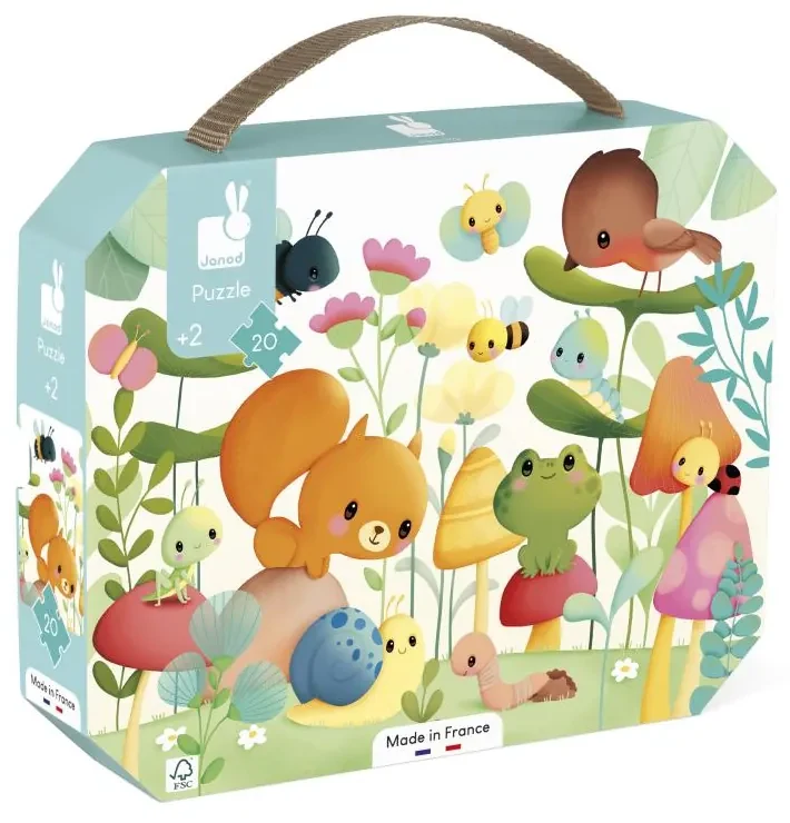 Puzzle pre deti v kufríku Záhradné zvieratká Janod 20 ks