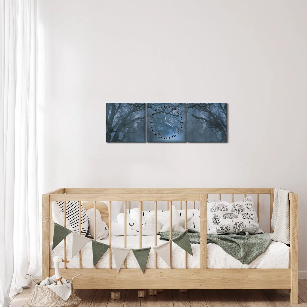 Obraz lesa v hmle (s hodinami) (90x30 cm)