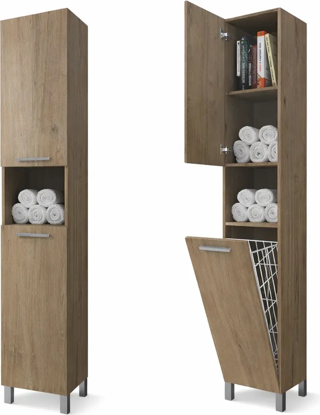 NORMANDIA 30 Sonoma, Kúpeľňová skrinka, s košom na bielizeň, úložným priestorom a policami