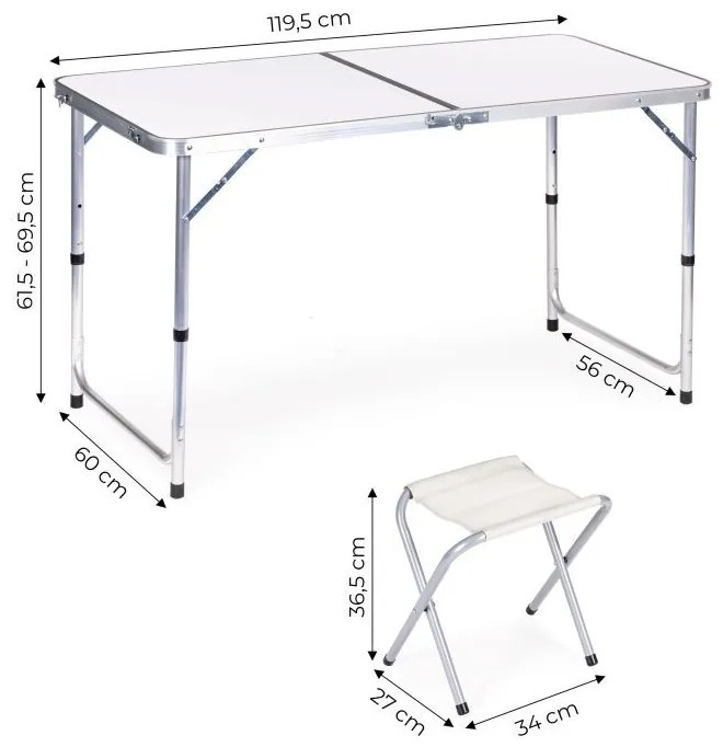 Skladací cateringový stôl 119,5x60 cm biely so 4 stoličkami