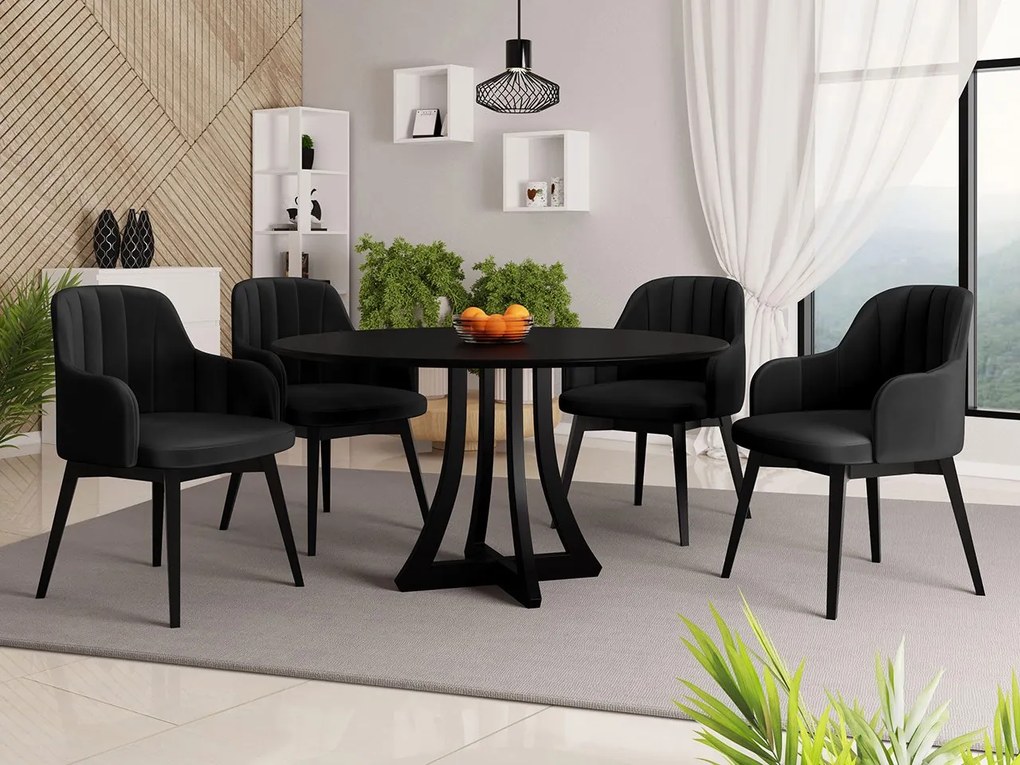Okrúhly stôl Dagerto FI 120 so 4 stoličkami ST105 05, Farby: biely lesk / čierny lesk, Potah: Magic Velvet 2225