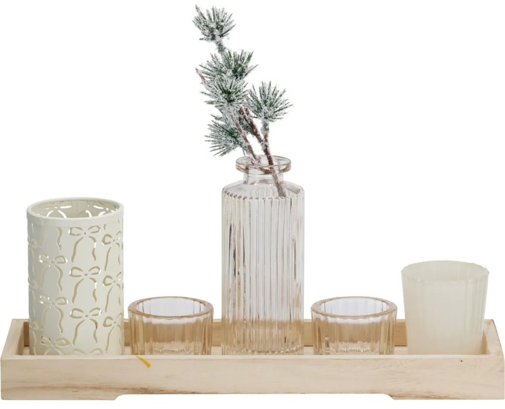 Súprava svietnikov na drevenom podnose Winter Time, 6 ks, 10,5 x 32,5 cm