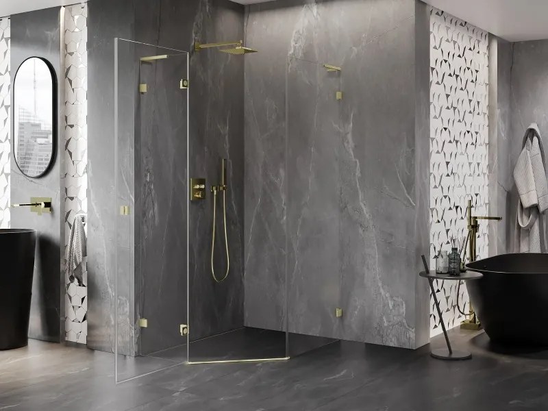 Mexen Lunar, L päťuholníkový sprchový kút naklápací doľava 80 x 100 cm, 8mm číre sklo, zlatý matný profil, 831L-080L-100P-55-00-L
