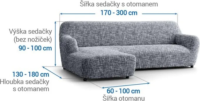 Bielastické poťahy GRAFITI NOVÉ antracit sedačka s otomanom vľavo (š. 170 - 300 cm)